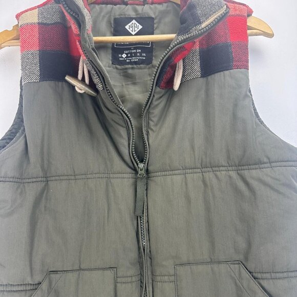 Nineteen Ninety One Vest Mens M Olive/plaid Polyester Hooded Full Zip Pockets - Picture 4 of 9